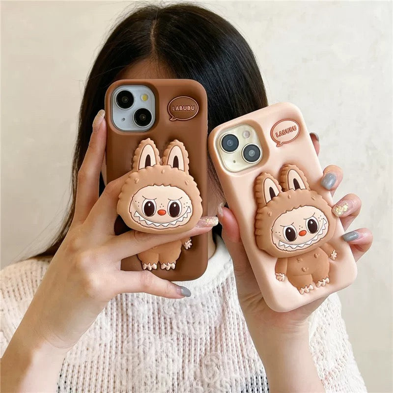 Dessin animé mignon Labubu Zimomo Silicone avec support | Marron/Rose - Coque iPhone
