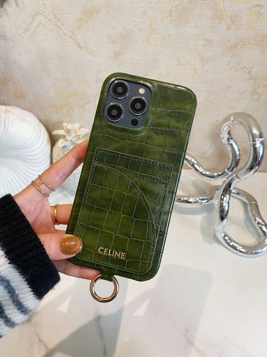 Alligator Print Celine iPhone-etui med kortholder og strop Grøn -EYP241415