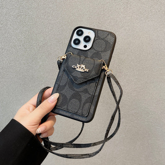 クラシック iPhone ケース カード ホルダーとストラップ付き ライト ブラック -SJ240513