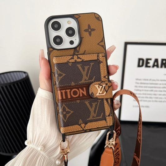 ラグジュアリー カード バッグ チェーン クラシック ブラウン iPhone ケース