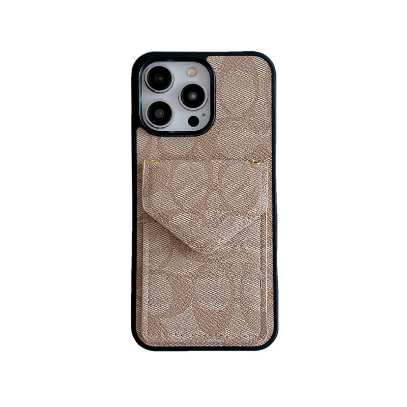 クラシック iPhone ケース カードホルダーとストラップ付き ライトブラウン -SJ240513