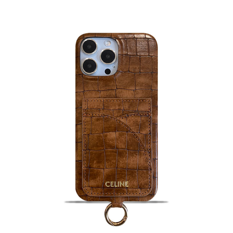 Priontáil Ailigéadar Cás iPhone Celine Le Sealbhóir Cárta Agus Strap Donn -EYP241415