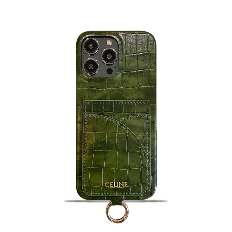 Husa Celine pentru iPhone Imprimat Aligator Cu Suport Card Si Curea Verde -EYP241415