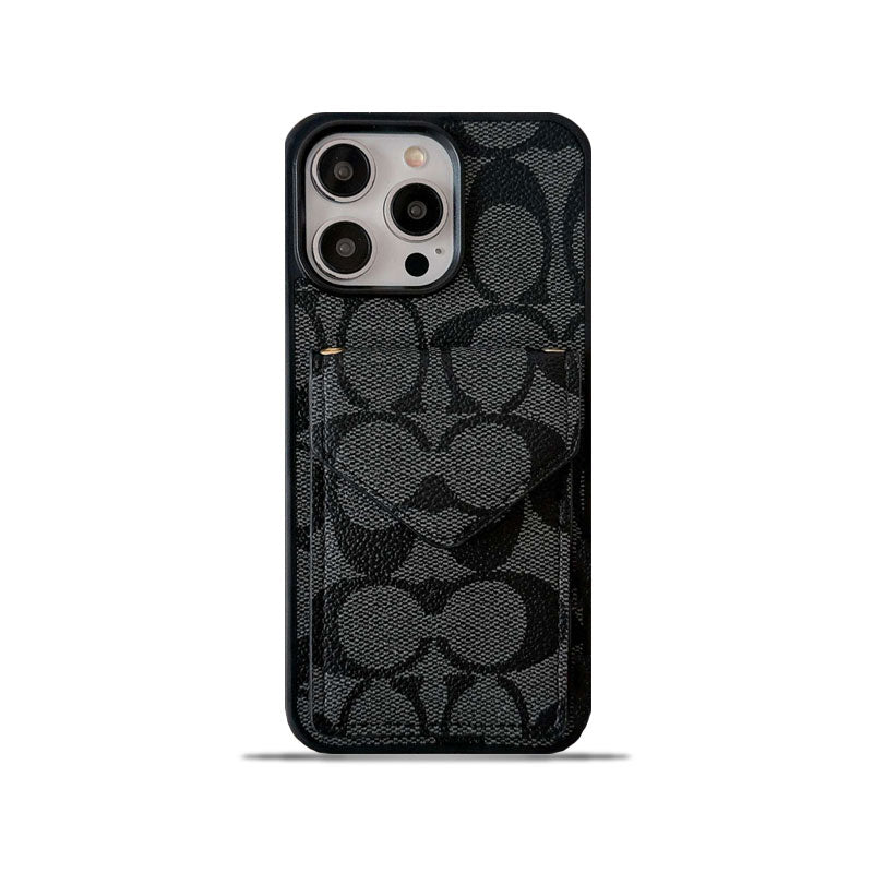 クラシック iPhone ケース カード ホルダーとストラップ付き ライト ブラック -SJ240513