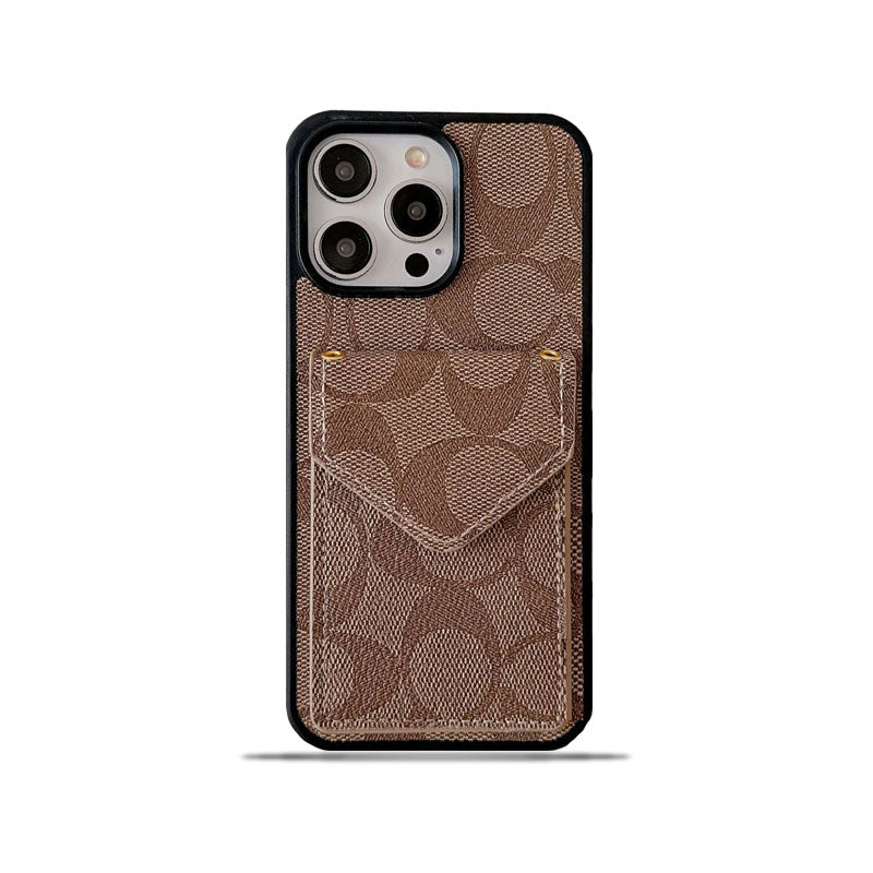 クラシック iPhone ケース カードホルダーとストラップ付き ライトブラウン -SJ240513