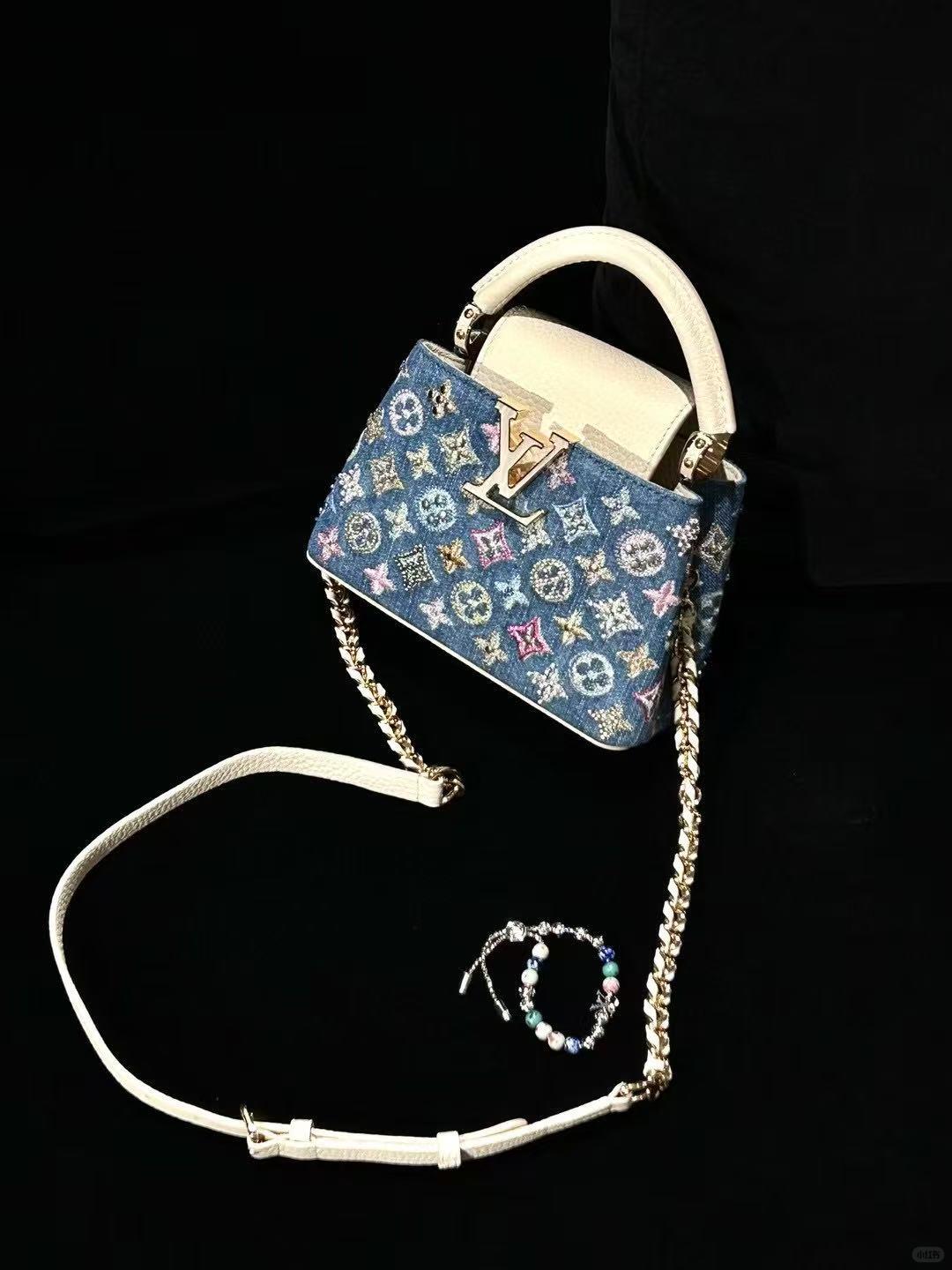 Luxury Denim Embellished Capucines Mini Bag