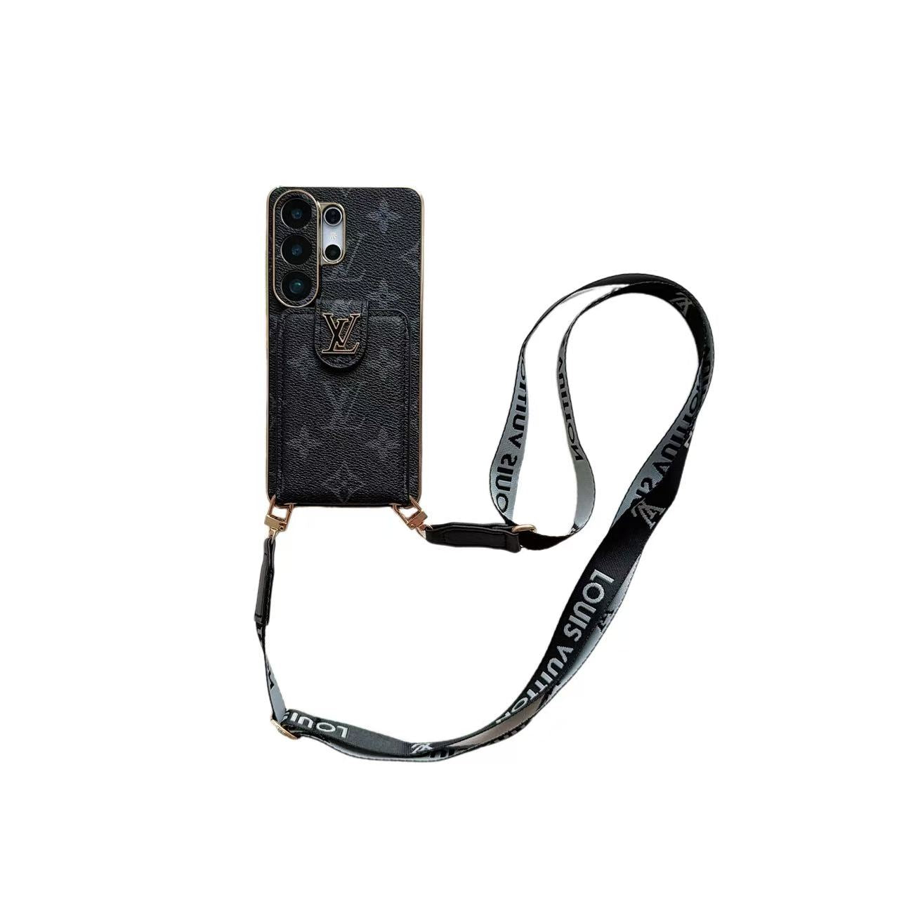 Funda para teléfono tipo bandolera con monograma de lujo, bolsillo para tarjetas y correa para el hombro