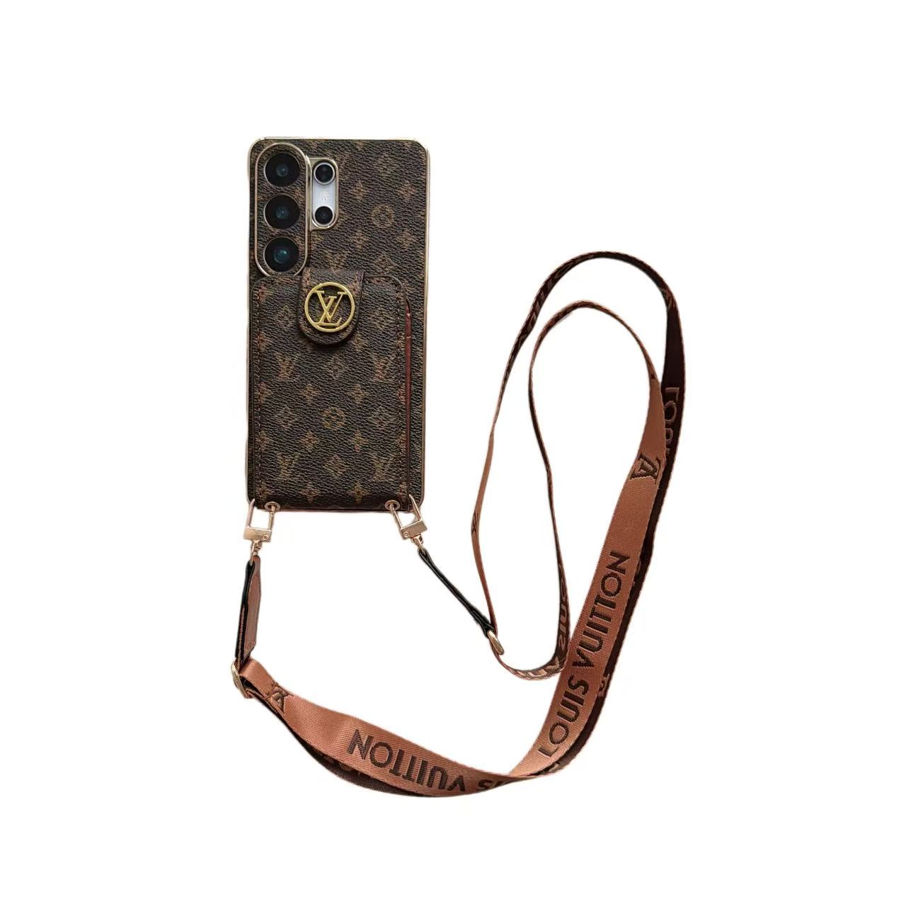 Funda para teléfono tipo bandolera con monograma de lujo, bolsillo para tarjetas y correa para el hombro