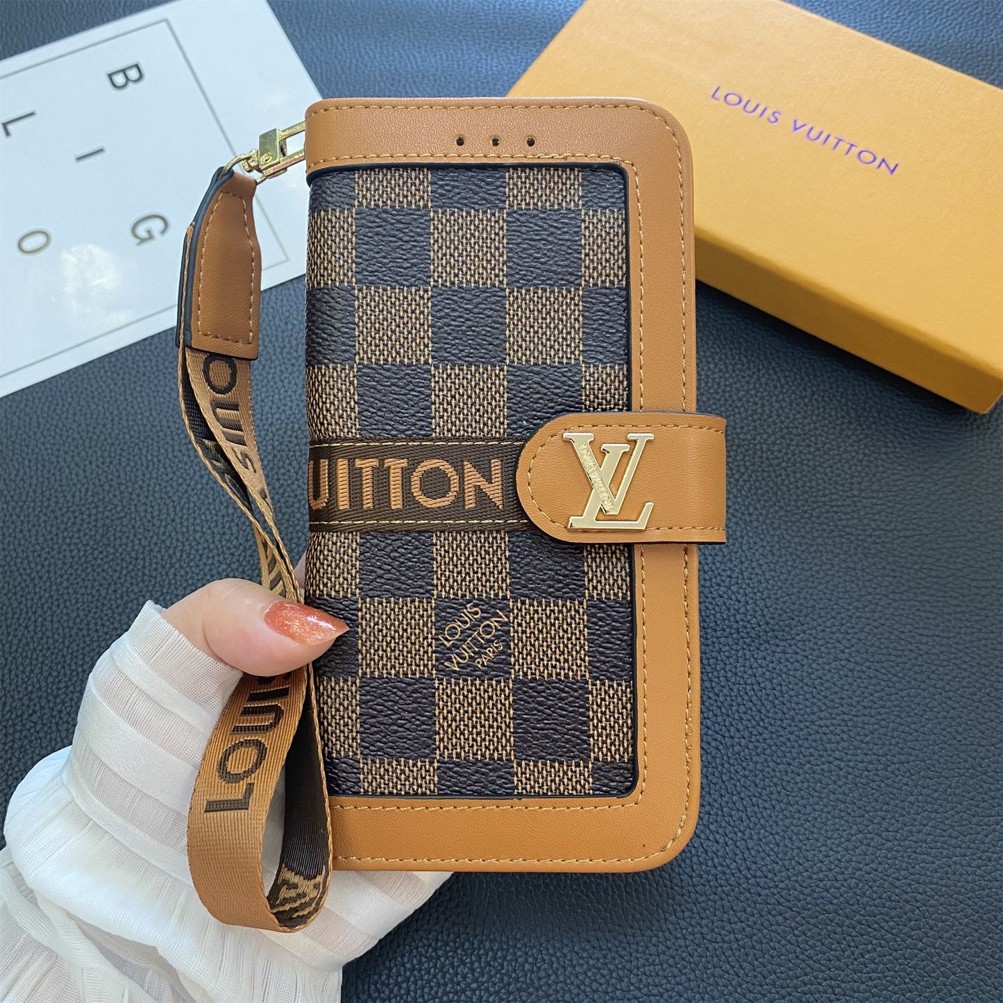 Funda tipo billetera de lona con monograma de cuero genuino de primera calidad para Samsung Galaxy
