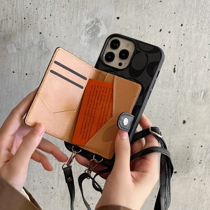 クラシック iPhone ケース ウォレットとストラップ付き ブラウン -SZK240402