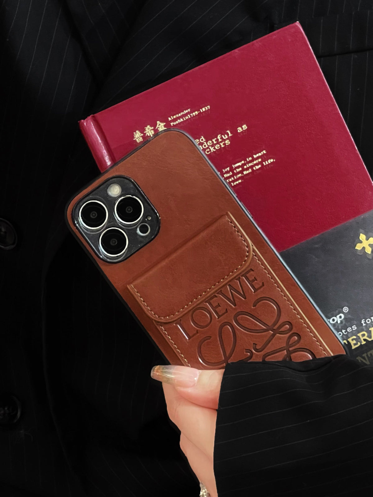 Étui de luxe pour iPhone avec porte-cartes Marron-LZP241448