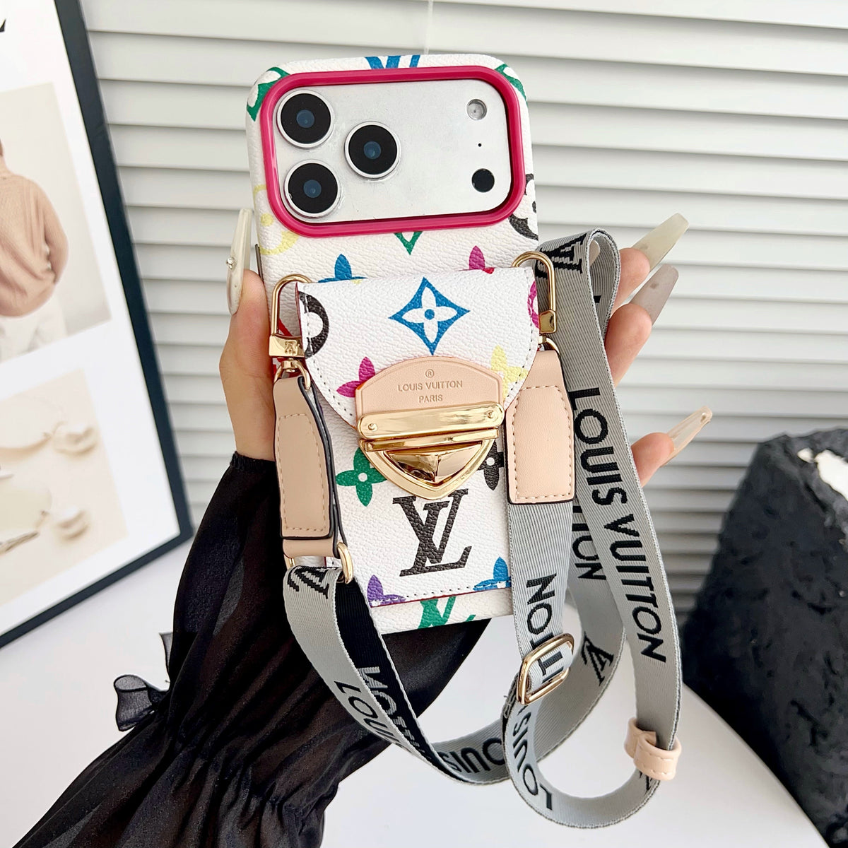 カードポケット付き高級クロスボディiPhoneケース & 取り外し可能なストラップ