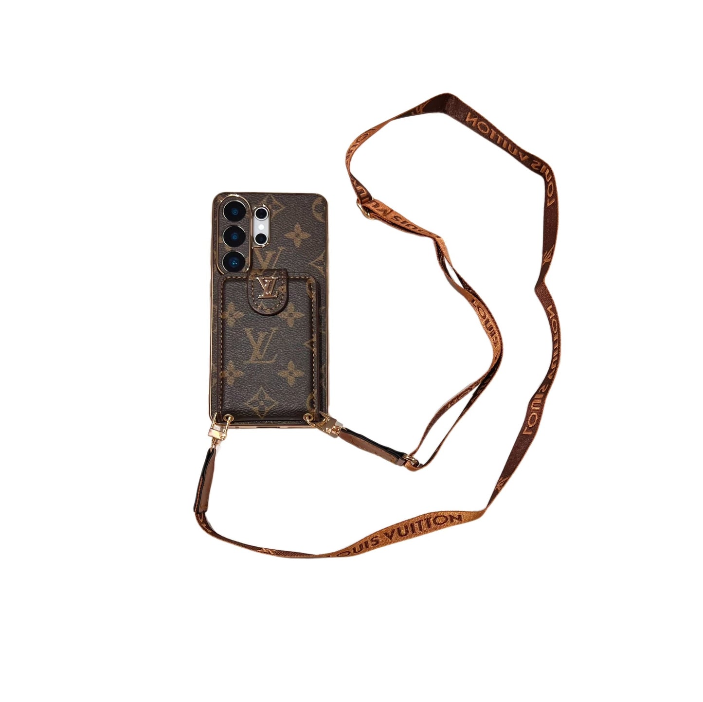 Funda para teléfono tipo bandolera con monograma de lujo, bolsillo para tarjetas y correa para el hombro