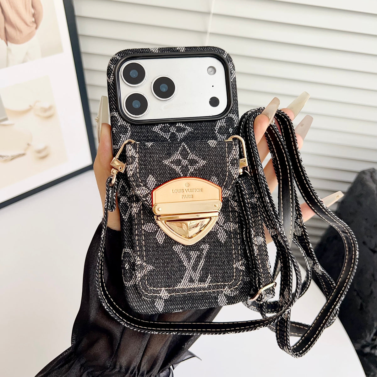 カードポケット付き高級クロスボディiPhoneケース & 取り外し可能なストラップ