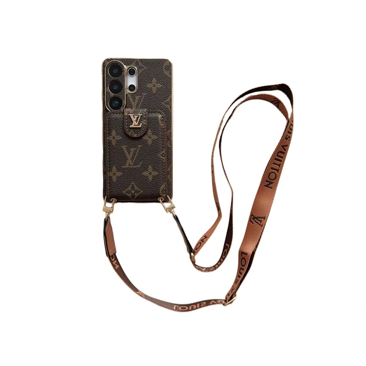 Funda para teléfono tipo bandolera con monograma de lujo, bolsillo para tarjetas y correa para el hombro