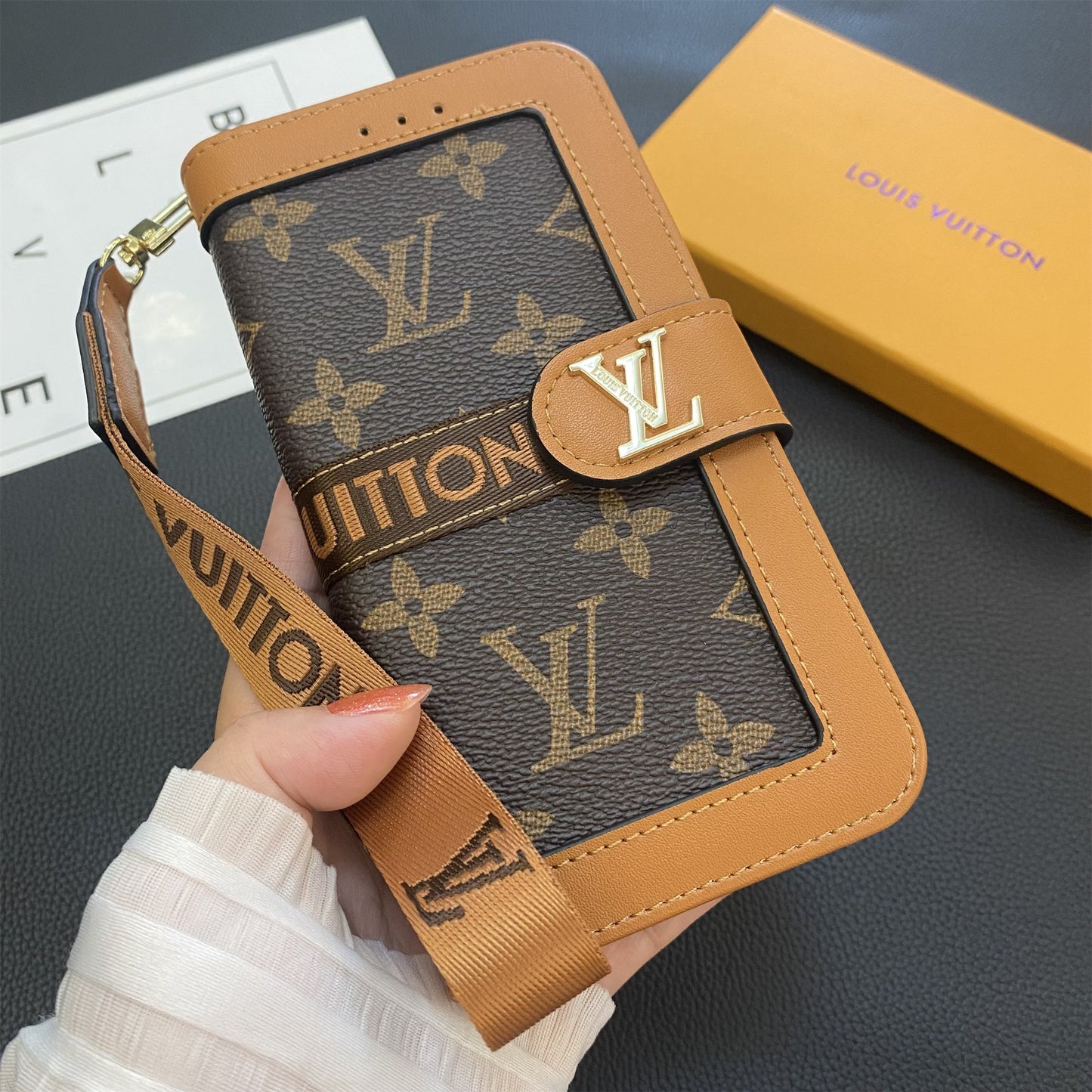 Funda tipo billetera de lona con monograma de cuero genuino de primera calidad para Samsung Galaxy