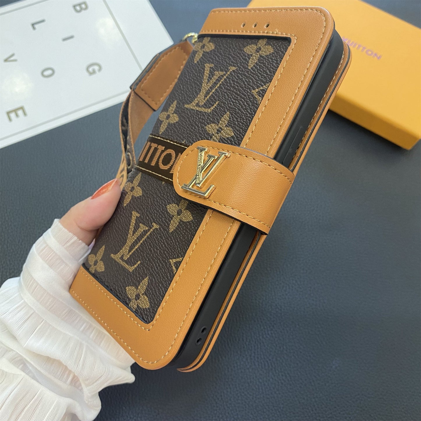 Funda tipo billetera de lona con monograma de cuero genuino de primera calidad para Samsung Galaxy