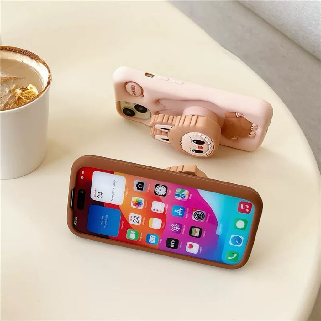 Söt tecknad Labubu Zimomo silikon med stativ | Brun/Rosa - iPhonefodral