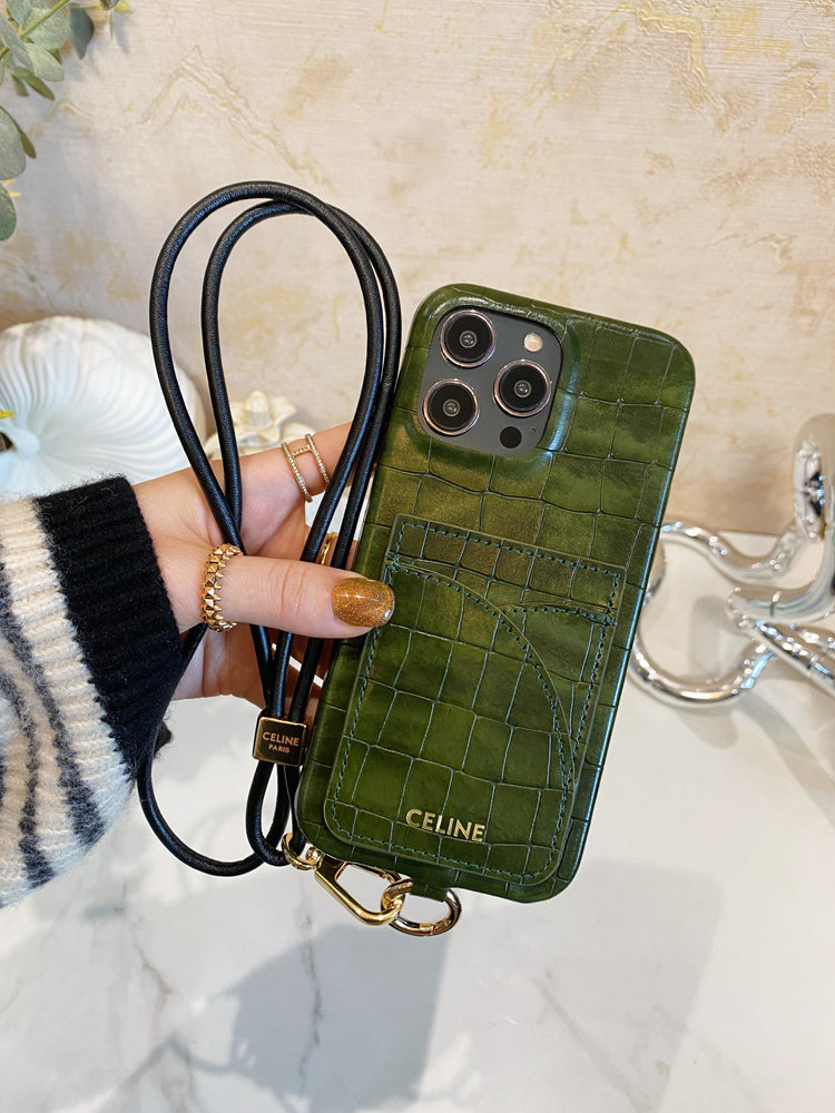 Husa Celine pentru iPhone Imprimat Aligator Cu Suport Card Si Curea Verde -EYP241415