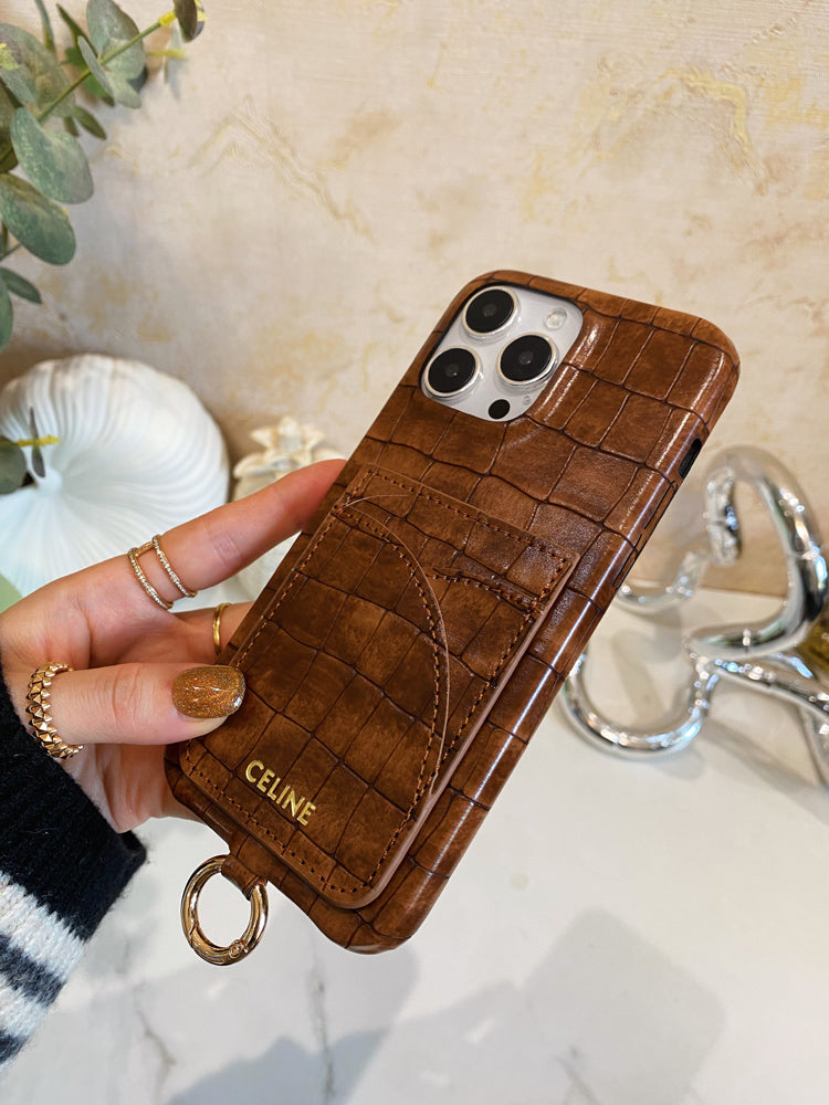 Priontáil Ailigéadar Cás iPhone Celine Le Sealbhóir Cárta Agus Strap Donn -EYP241415