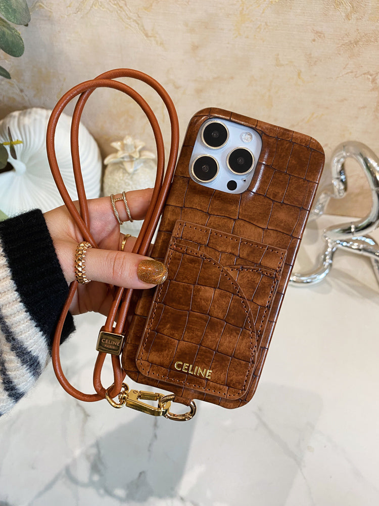 Priontáil Ailigéadar Cás iPhone Celine Le Sealbhóir Cárta Agus Strap Donn -EYP241415