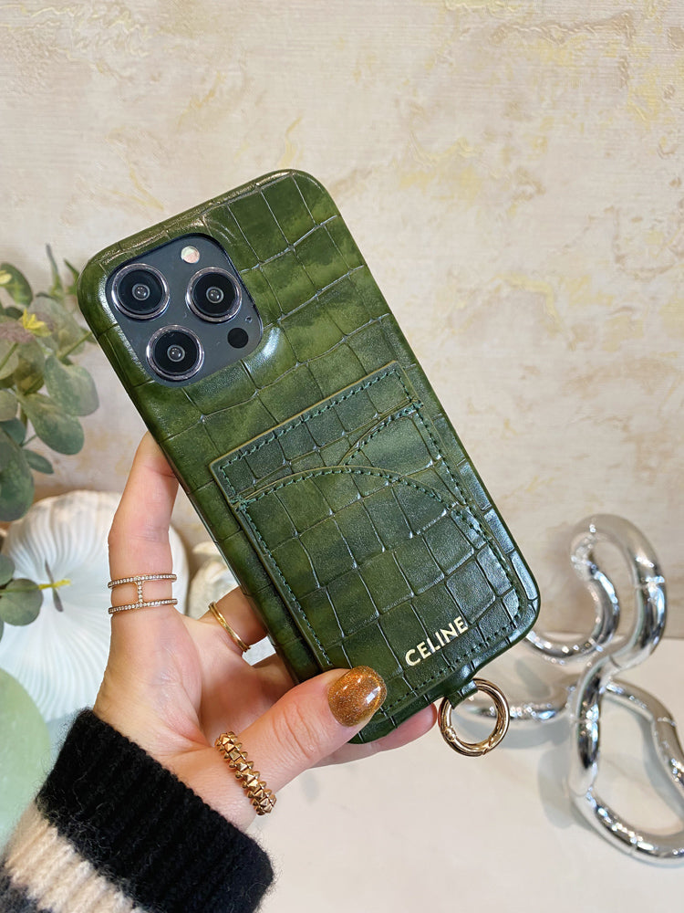 Husa Celine pentru iPhone Imprimat Aligator Cu Suport Card Si Curea Verde -EYP241415