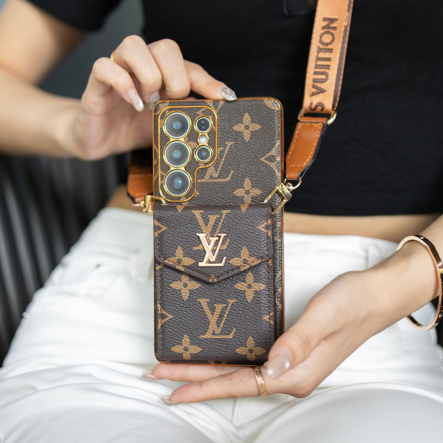 Étui Samsung en cuir classique de luxe avec porte-cartes et sangle