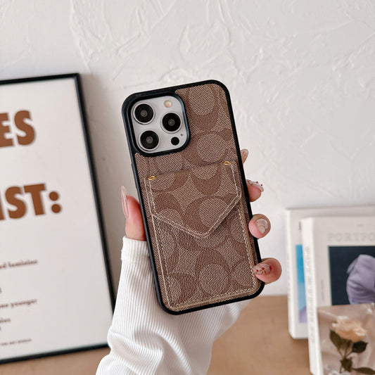 クラシック iPhone ケース カードホルダーとストラップ付き ライトブラウン -SJ240513