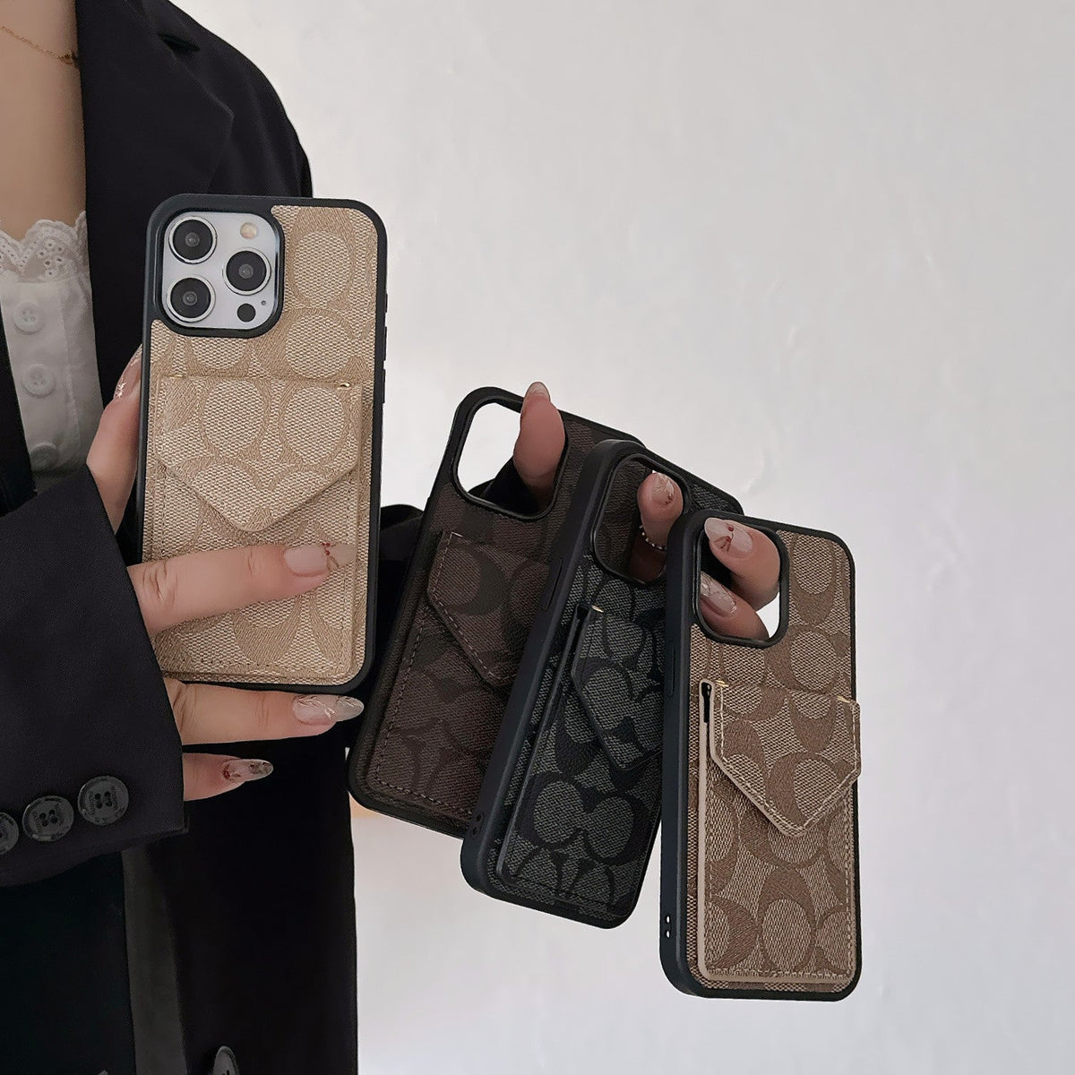 クラシック iPhone ケース カード ホルダーとストラップ付き ライト ブラック -SJ240513
