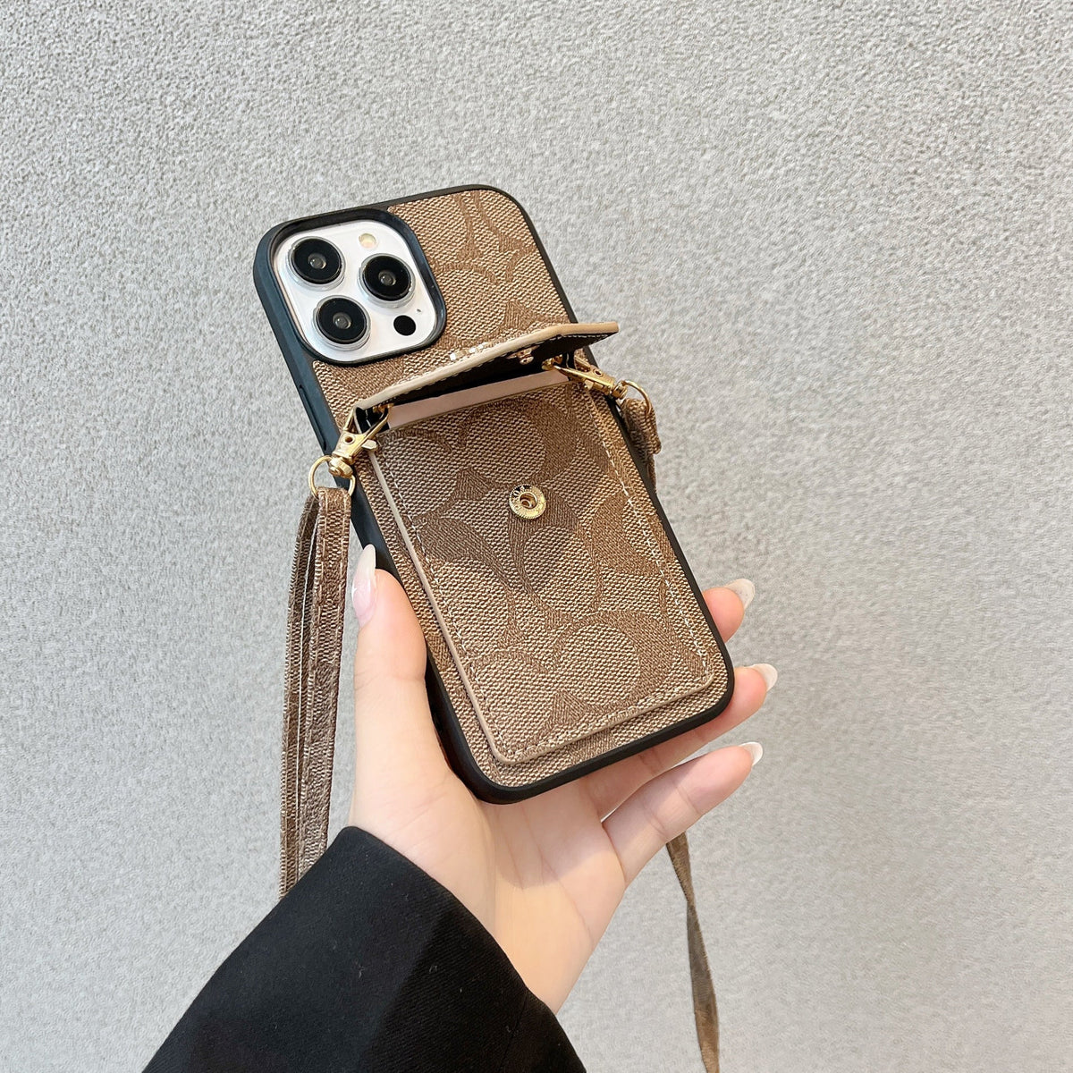 クラシック iPhone ケース カードホルダーとストラップ付き ライトブラウン -SJ240513