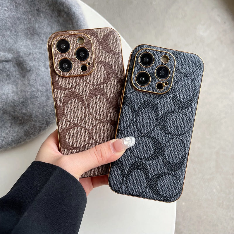 Capa clássica para iPhone em couro com sobrancelha clara -QBK240513