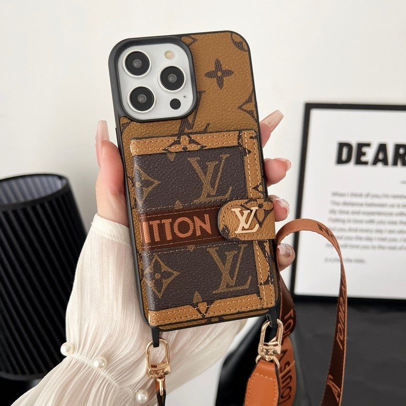 ラグジュアリー カード バッグ チェーン クラシック ブラウン iPhone ケース