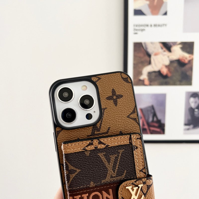 ラグジュアリー カード バッグ チェーン クラシック ブラウン iPhone ケース