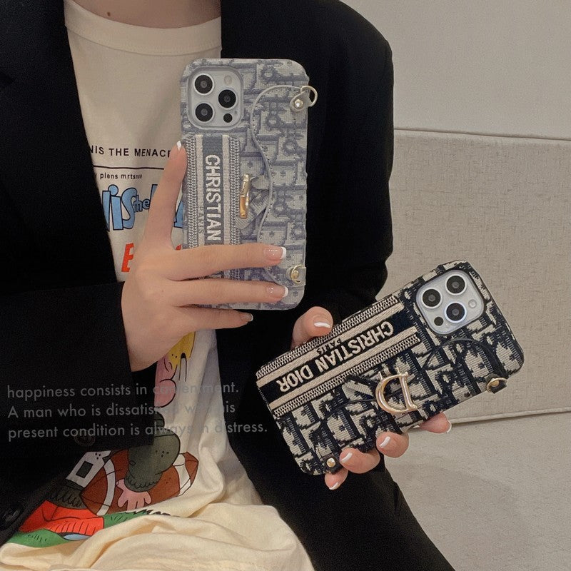 ファッション ブラック & グレー ファブリック カード バッグ クロスボディ iPhone ケース