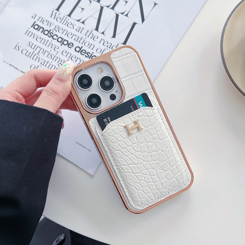 H ローズゴールド レザー iPhone ケース