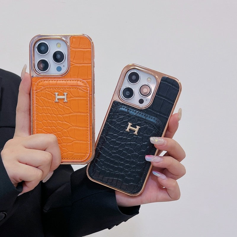 H ローズゴールド レザー iPhone ケース