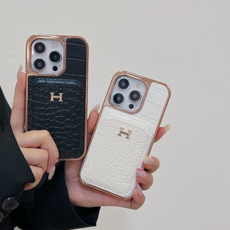 H ローズゴールド レザー iPhone ケース