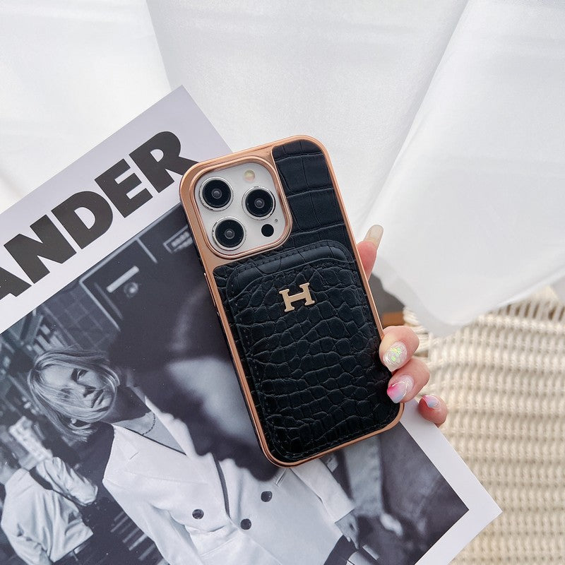 H ローズゴールド レザー iPhone ケース