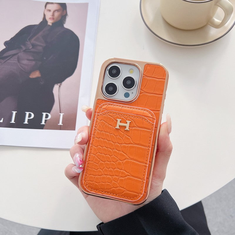 H ローズゴールド レザー iPhone ケース