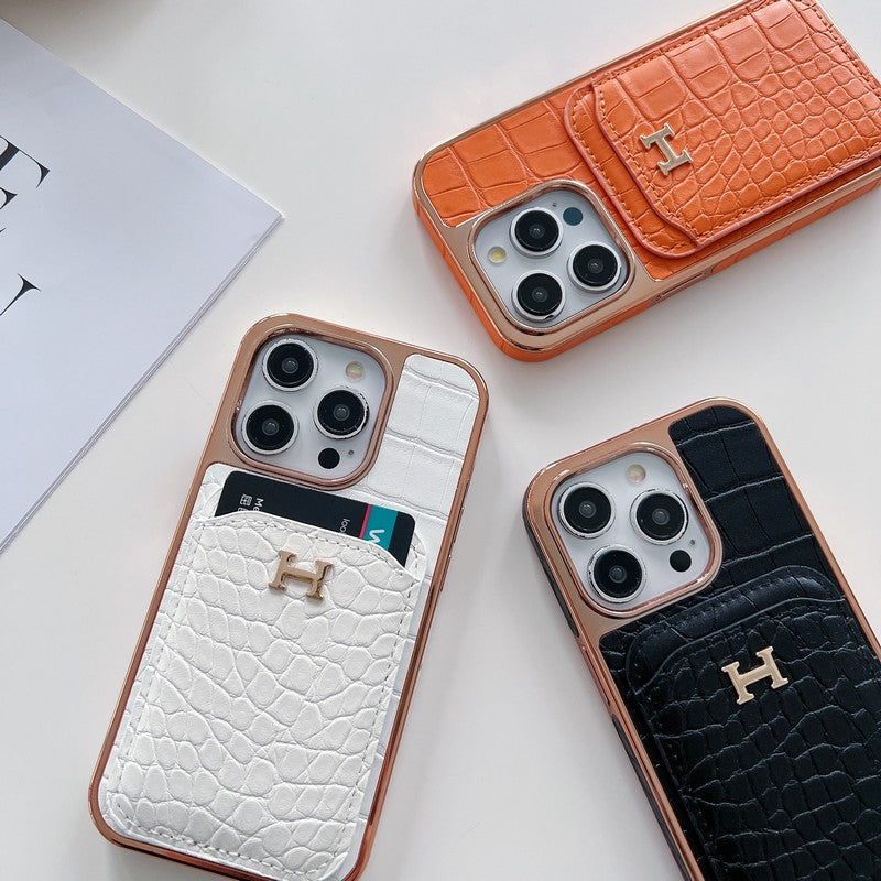 H ローズゴールド レザー iPhone ケース