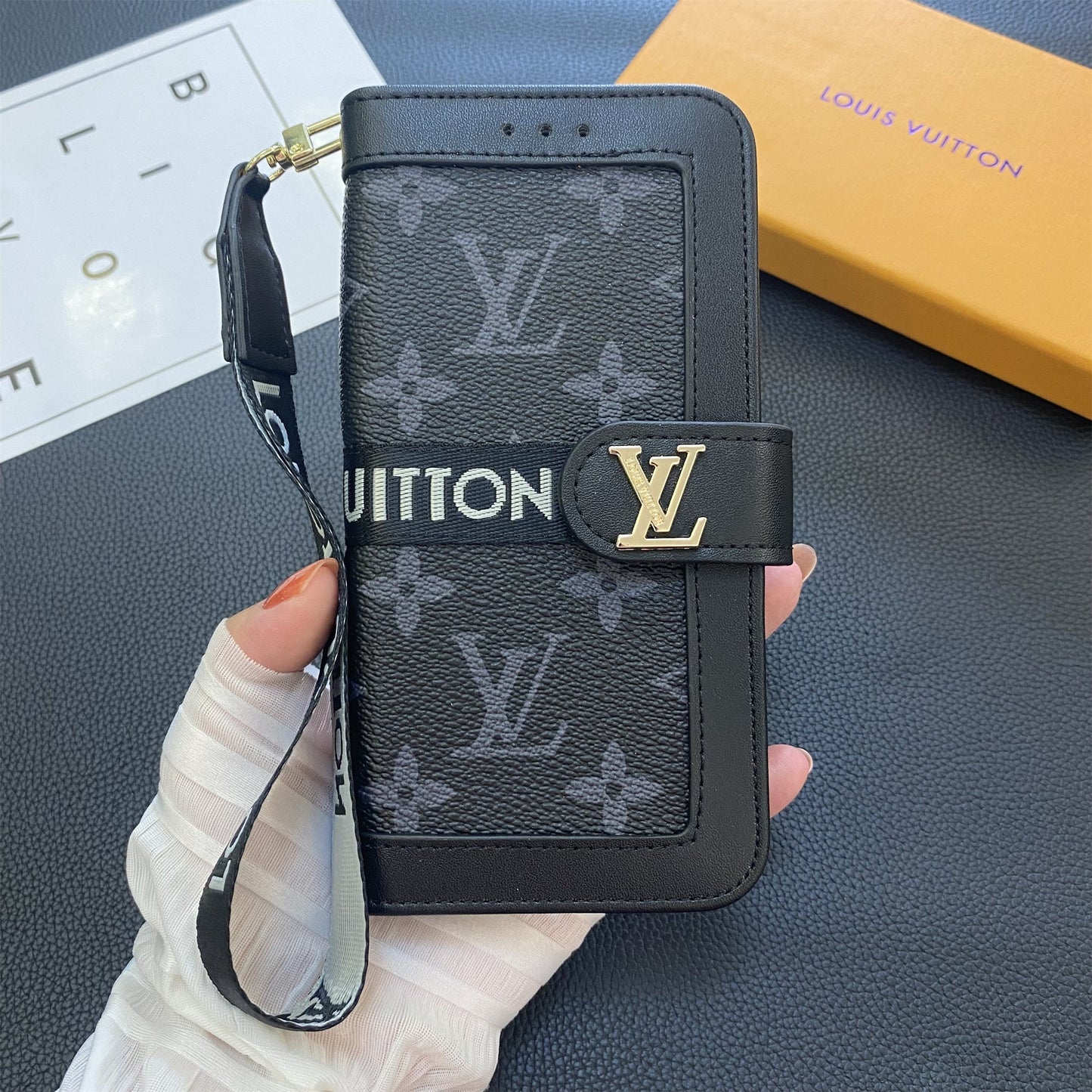 Funda tipo billetera de lona con monograma de cuero genuino de primera calidad para Samsung Galaxy