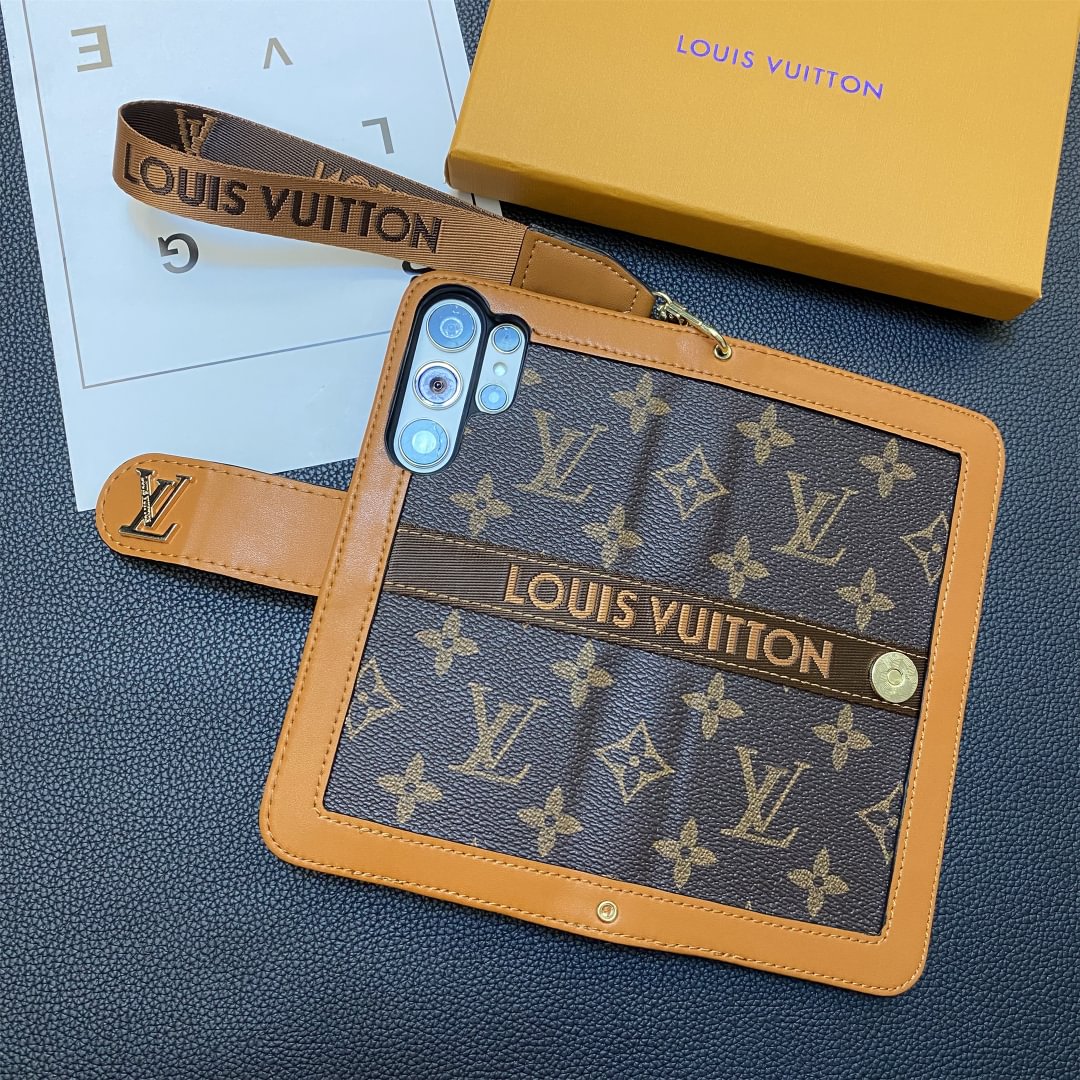 Funda tipo billetera de lona con monograma de cuero genuino de primera calidad para Samsung Galaxy
