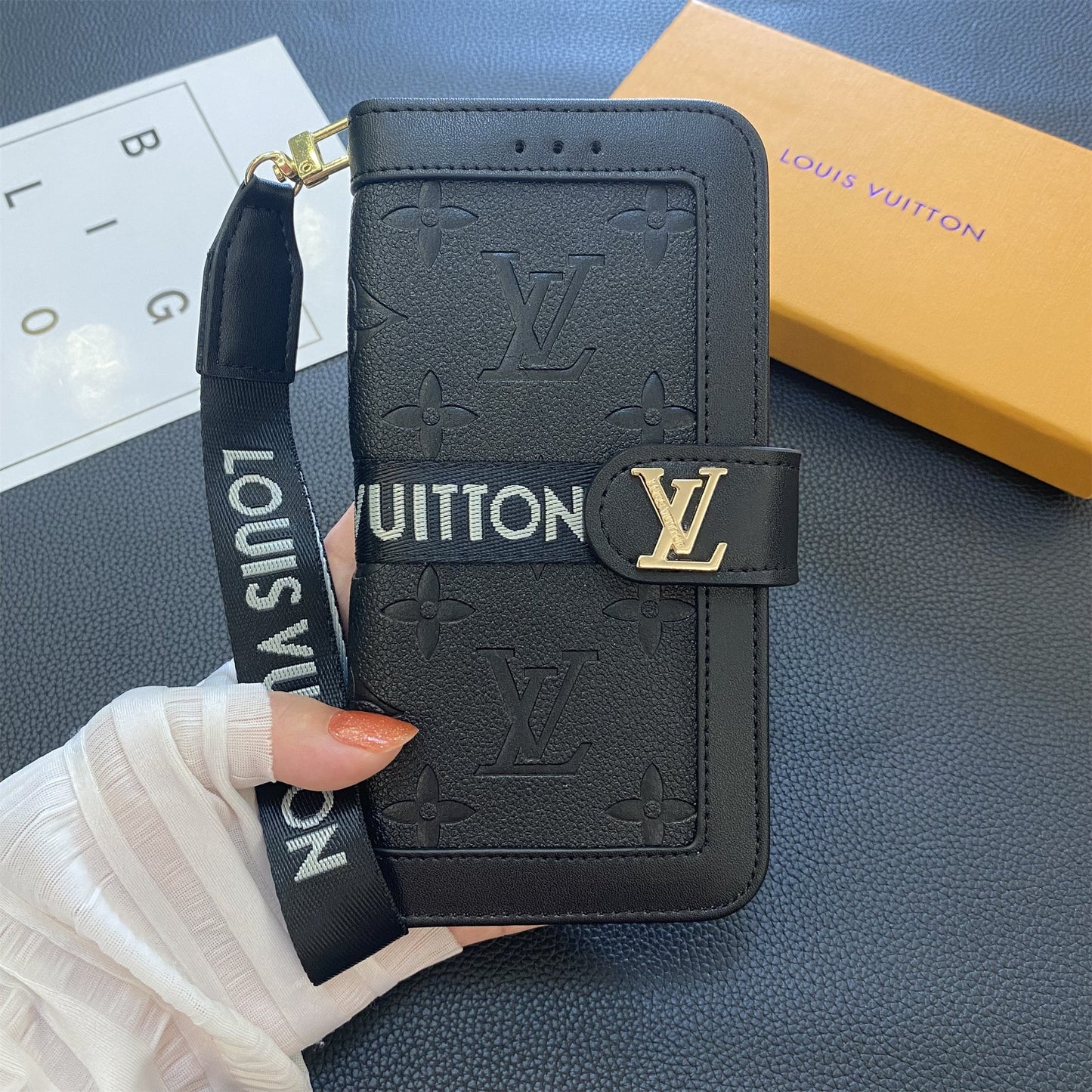 Funda tipo billetera de lona con monograma de cuero genuino de primera calidad para Samsung Galaxy