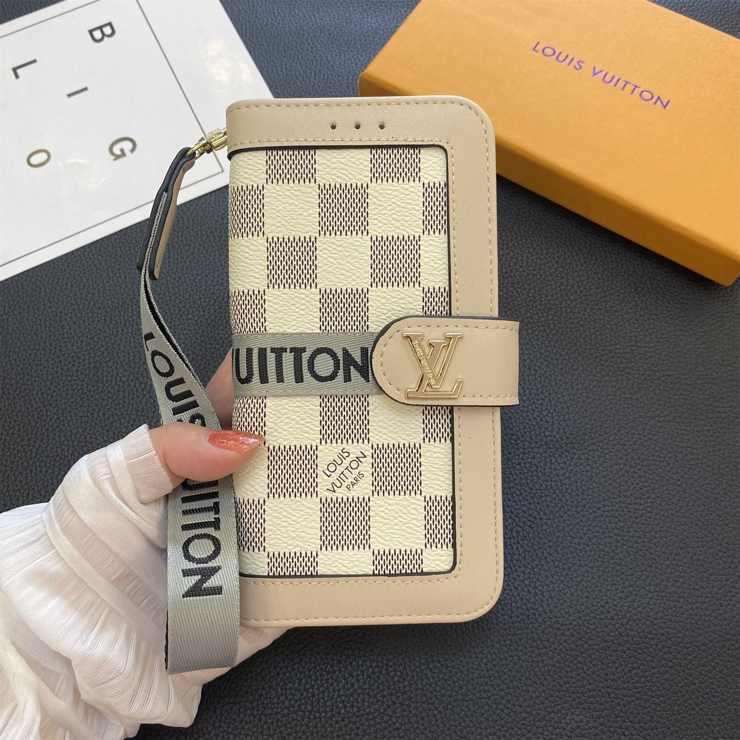 Funda tipo billetera de lona con monograma de cuero genuino de primera calidad para Samsung Galaxy