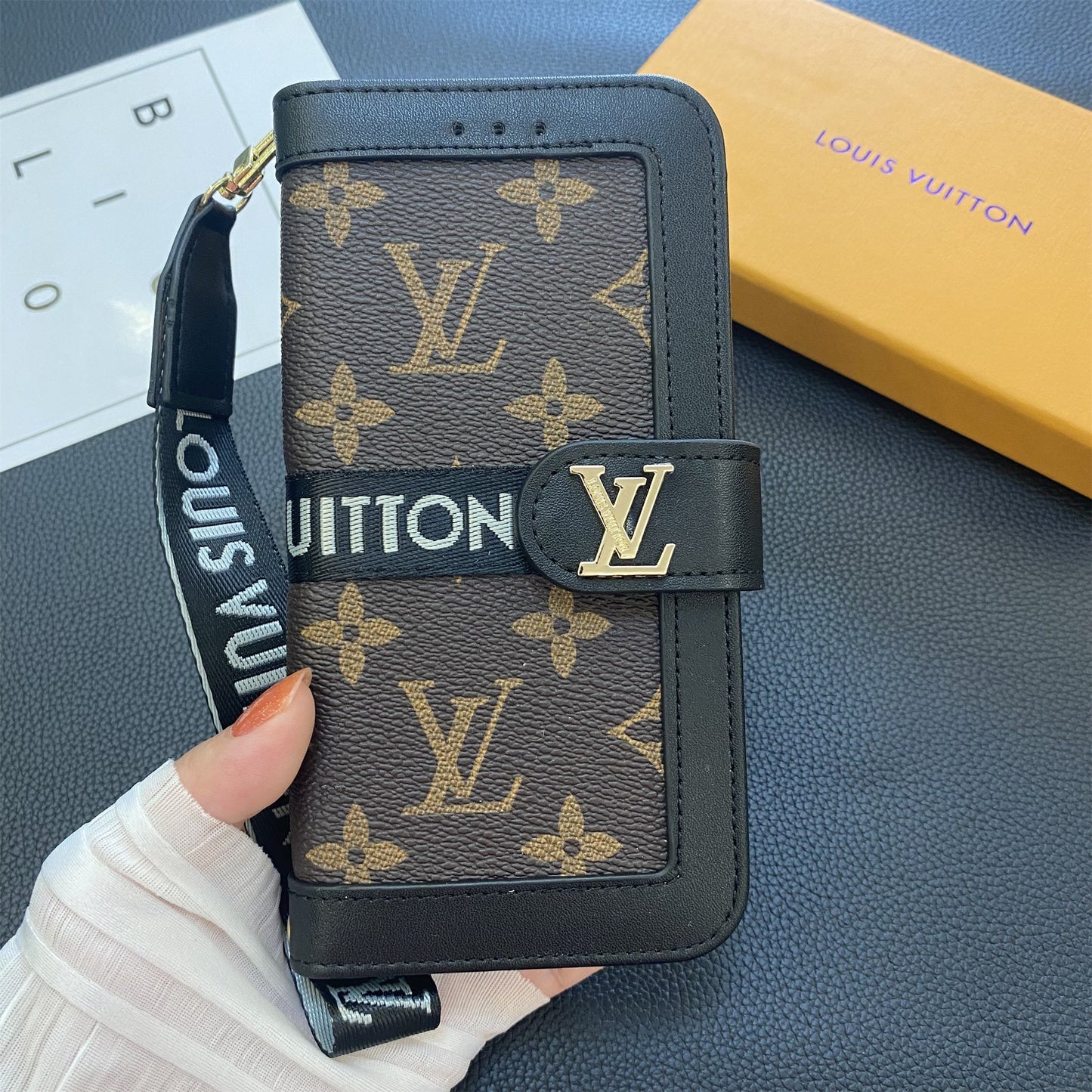 Funda tipo billetera de lona con monograma de cuero genuino de primera calidad para Samsung Galaxy