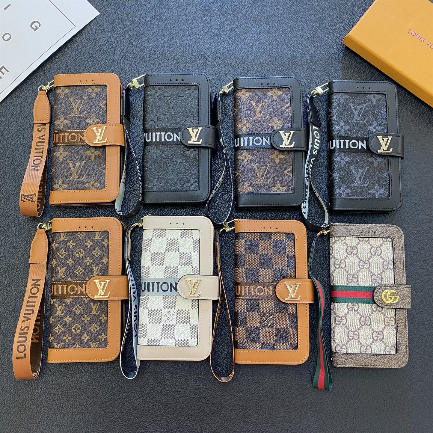 Funda tipo billetera de lona con monograma de cuero genuino de primera calidad para Samsung Galaxy