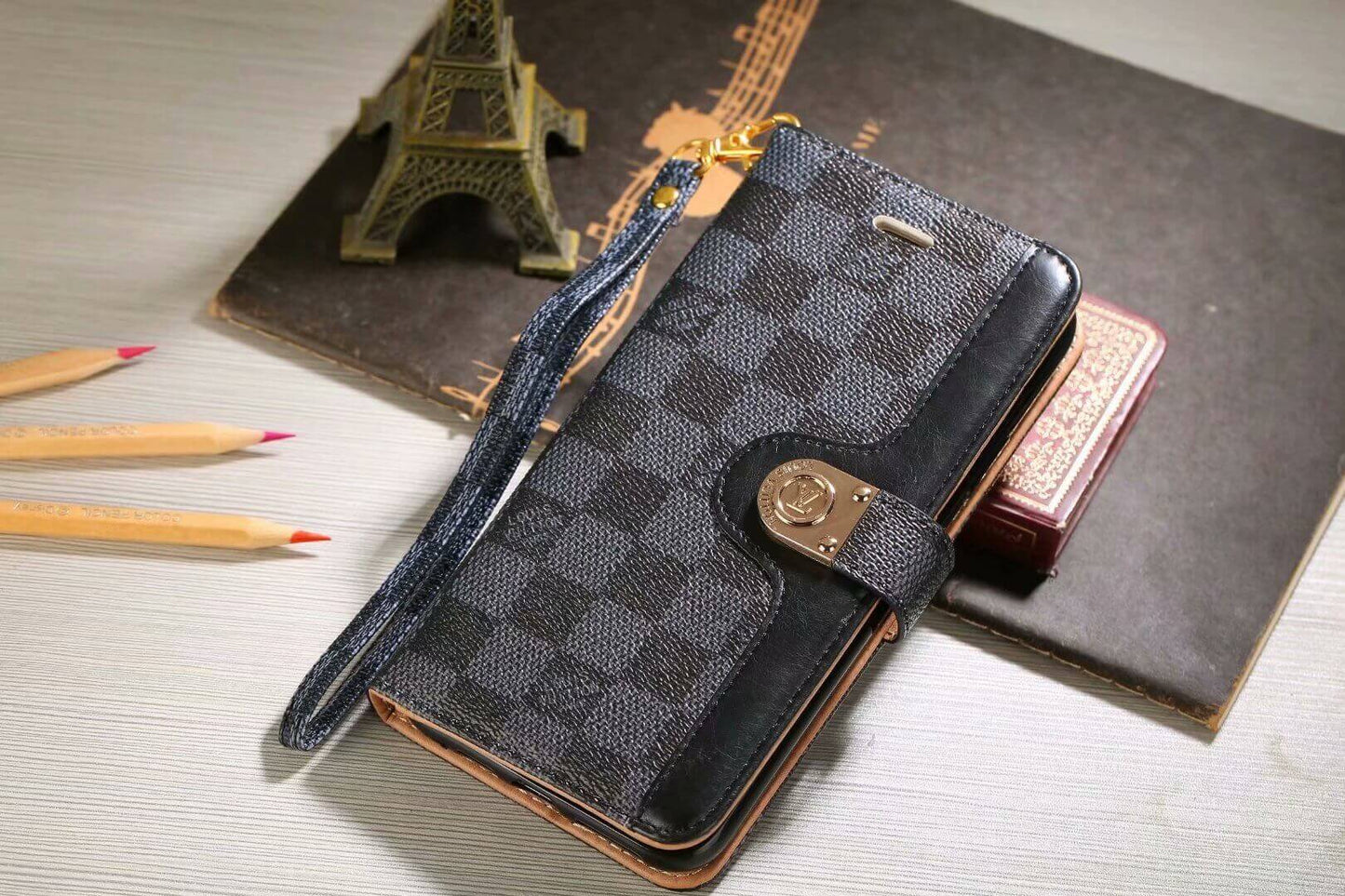 Luxe portemonnee-hoesje met monogram voor Samsung – zwart dambord