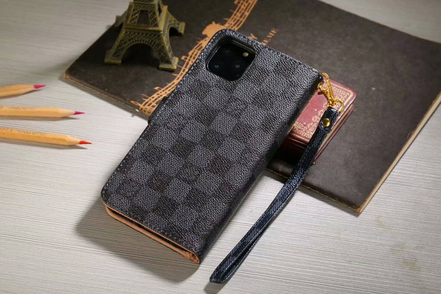 Luxe portemonnee-hoesje met monogram voor Samsung – zwart dambord