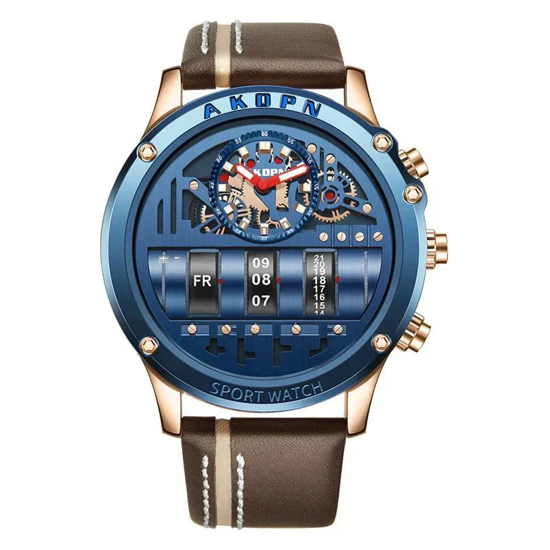 Stylish Quartz Men's Watch with Unique Rotating Date and Leather Strap - Military-Inspired Casual Timepiece